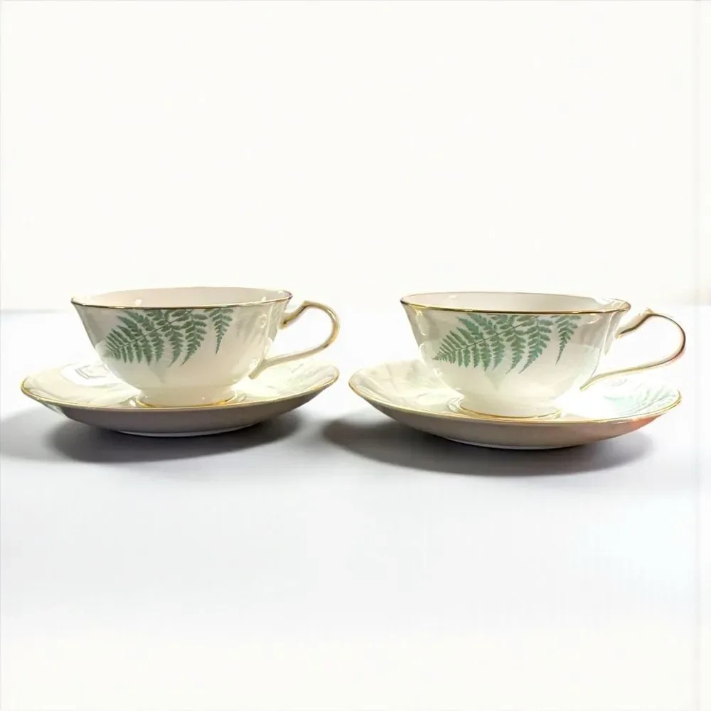 Pair of Vintage Noritake Grand Vert Green Floral Fern Tea Cups and Saucers 4622